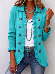 Maribel | Veste à volants en tricot côtelé turquoise