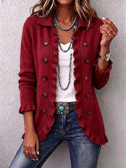 Rosalie | Veste en maille côtelée rouge rubis avec volants