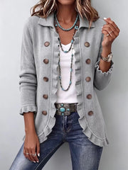 Elowen | Veste en tricot côtelé gris chiné avec volants