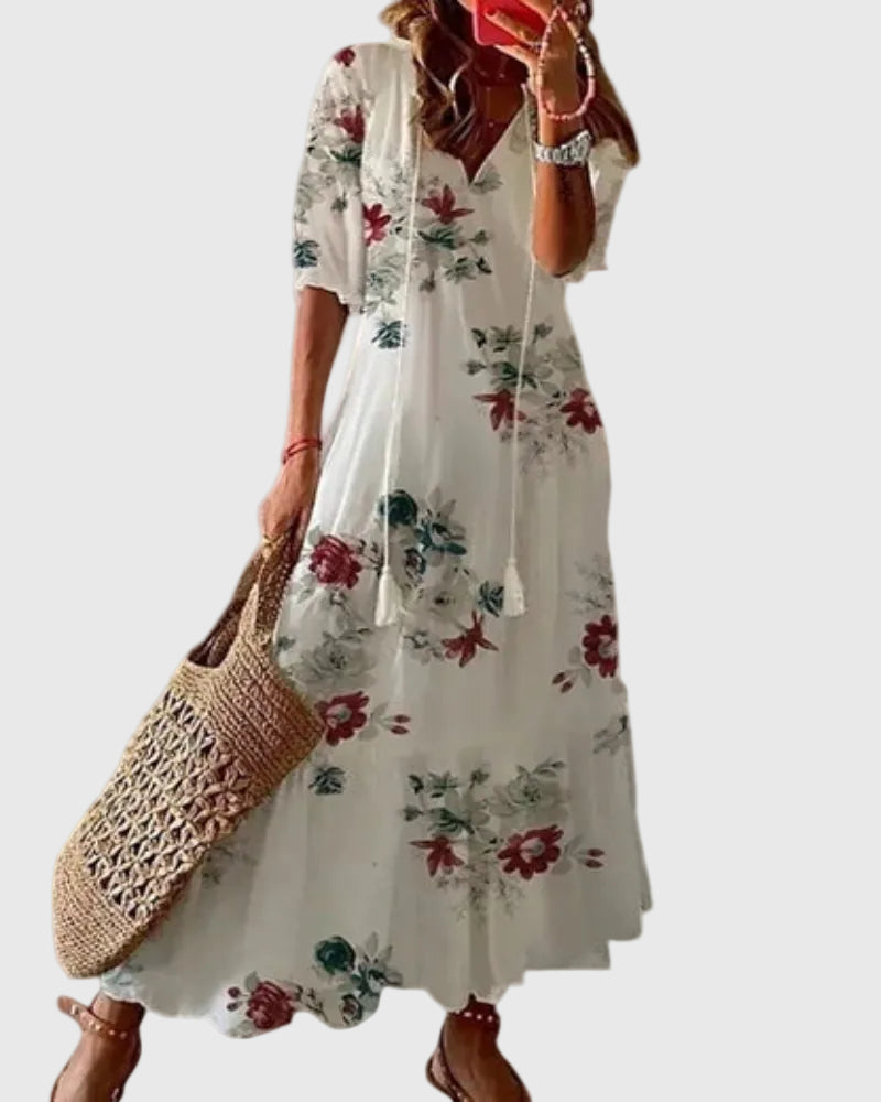 Flavie | Robe Maxi Bohème à Pompons