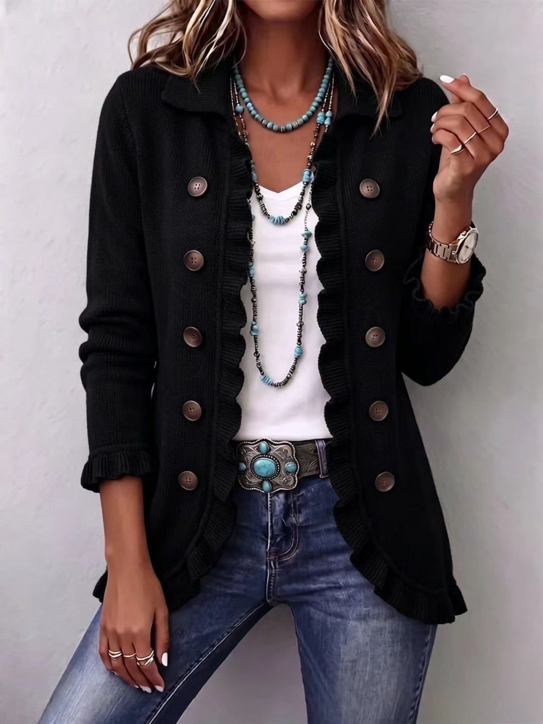 Camille | Veste à volants en tricot côtelé noir jais
