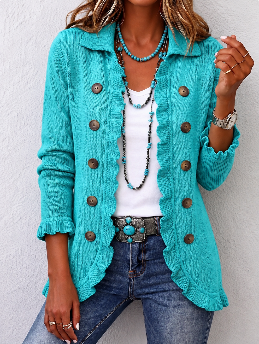 Maribel | Veste à volants en tricot côtelé turquoise
