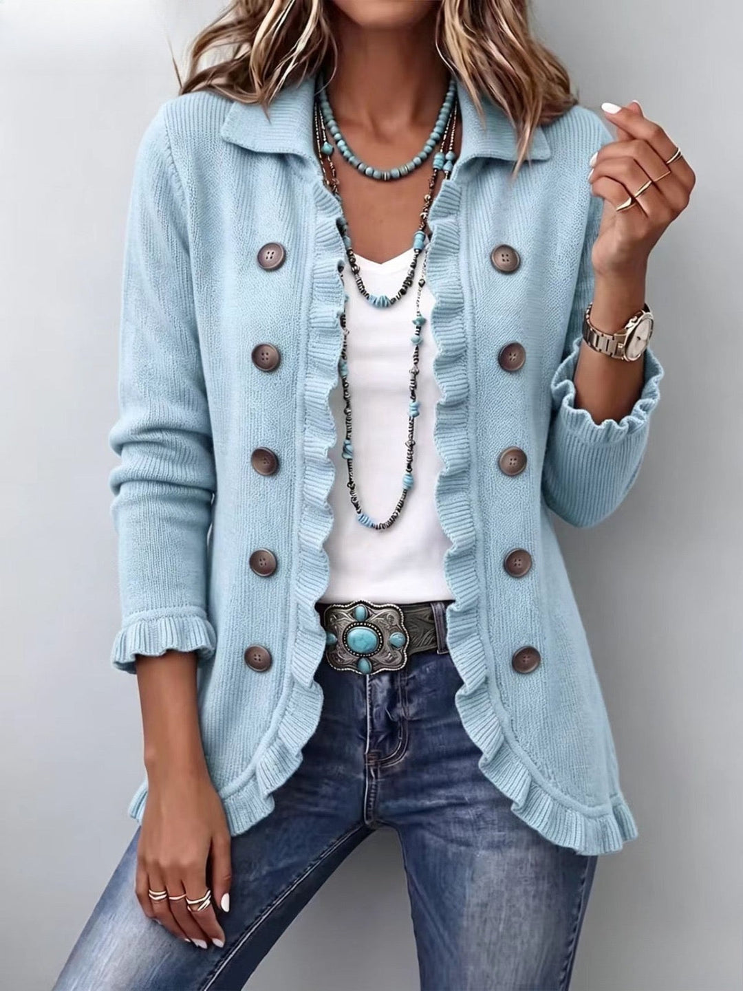 Cecilia | Veste à volants en tricot côtelé bleu poudre