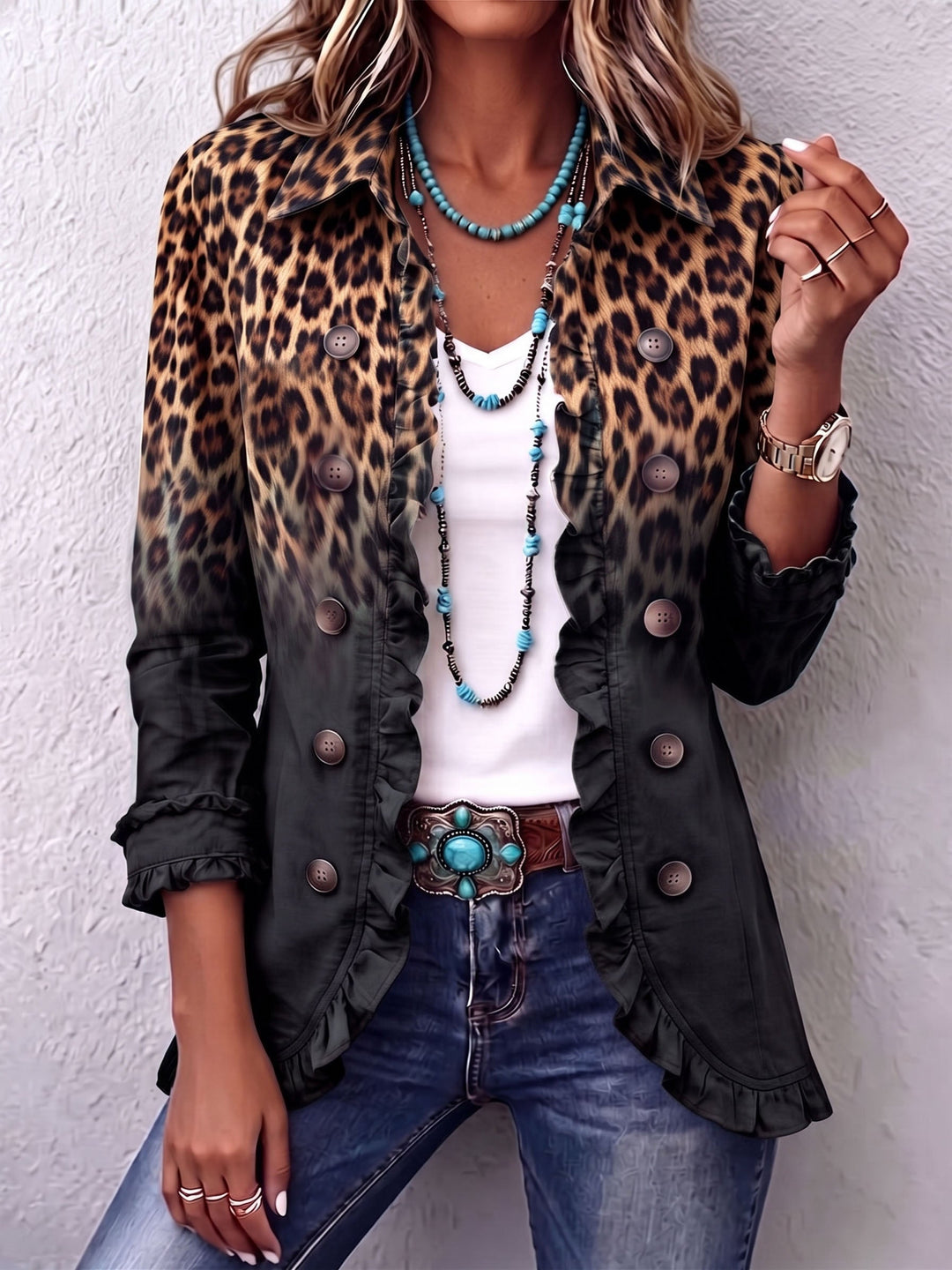 Sabina | Veste Blazer à Volants Léopard Ombre